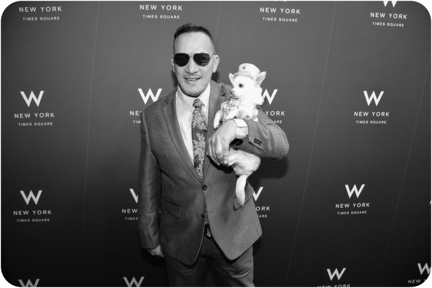 Anthony Rubio with Chihuahua Kimba at the Premiere of Alan Cumming's film W Ultimate Encore at the W Hotel