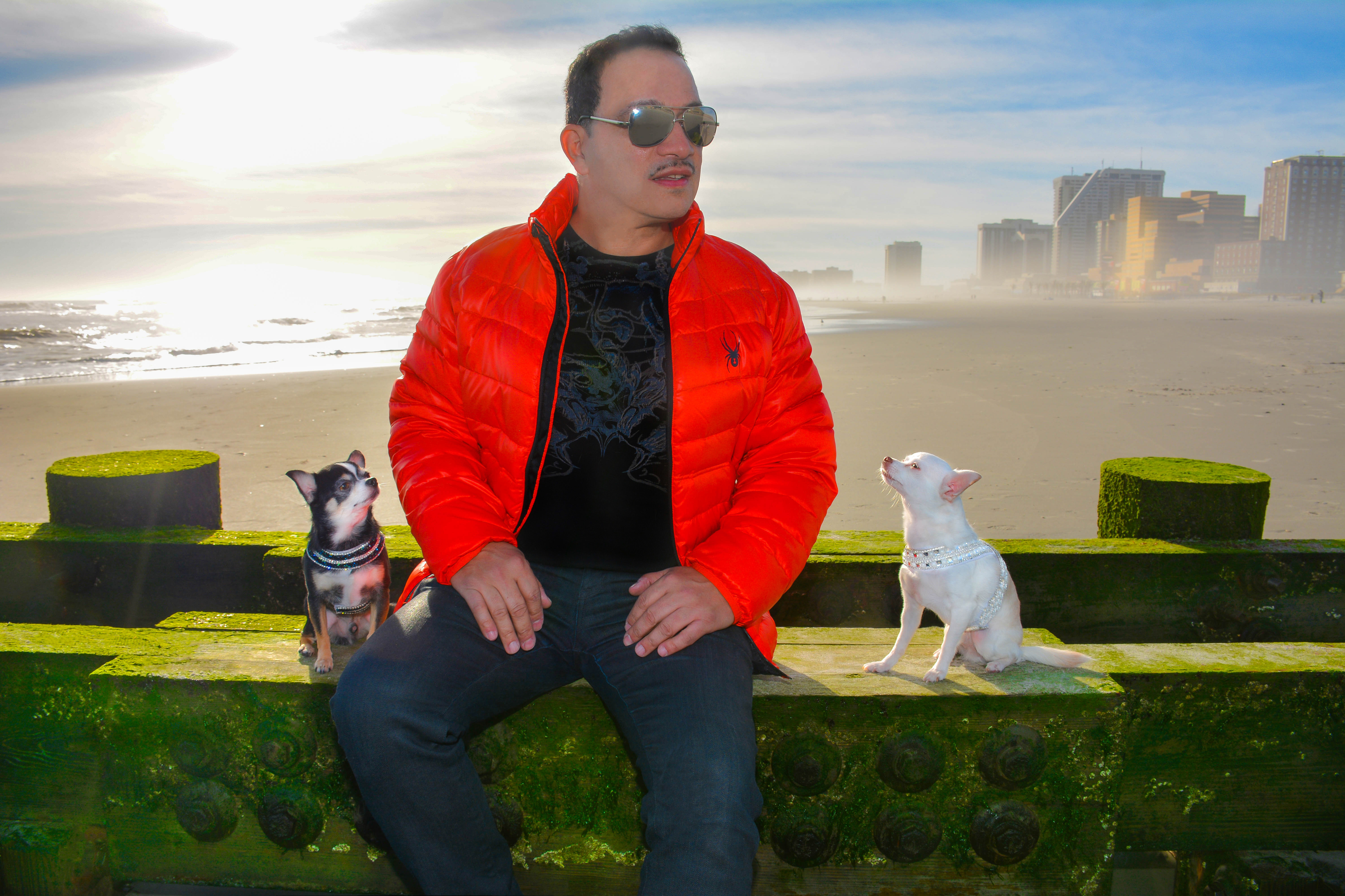 Anthony Rubio with Chihuahuas Bogie and Kimba visit Atlantic City Beach in December 