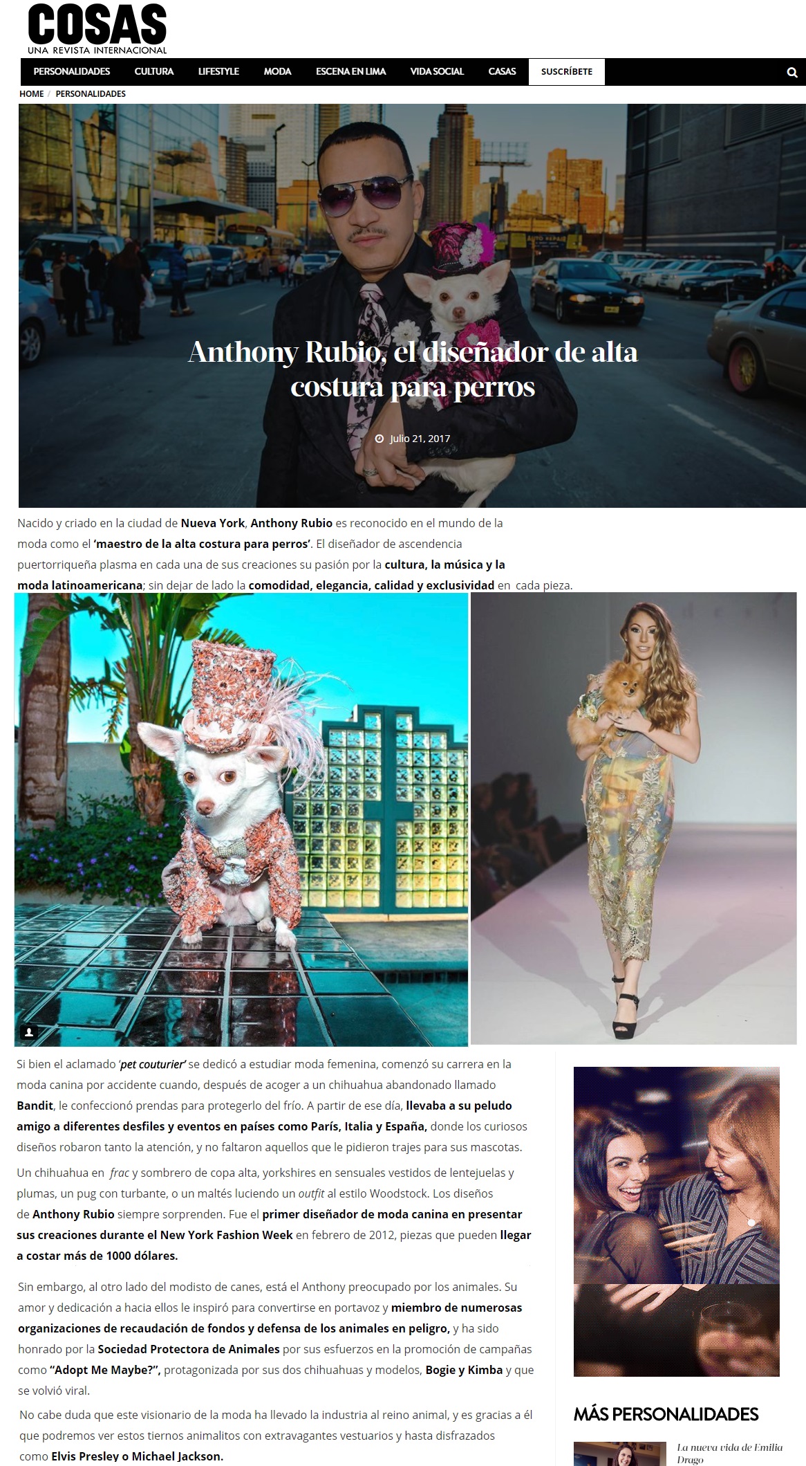 Anthony Rubio featured article in COSAS Magazine, based in Peru. - Dog Fashion